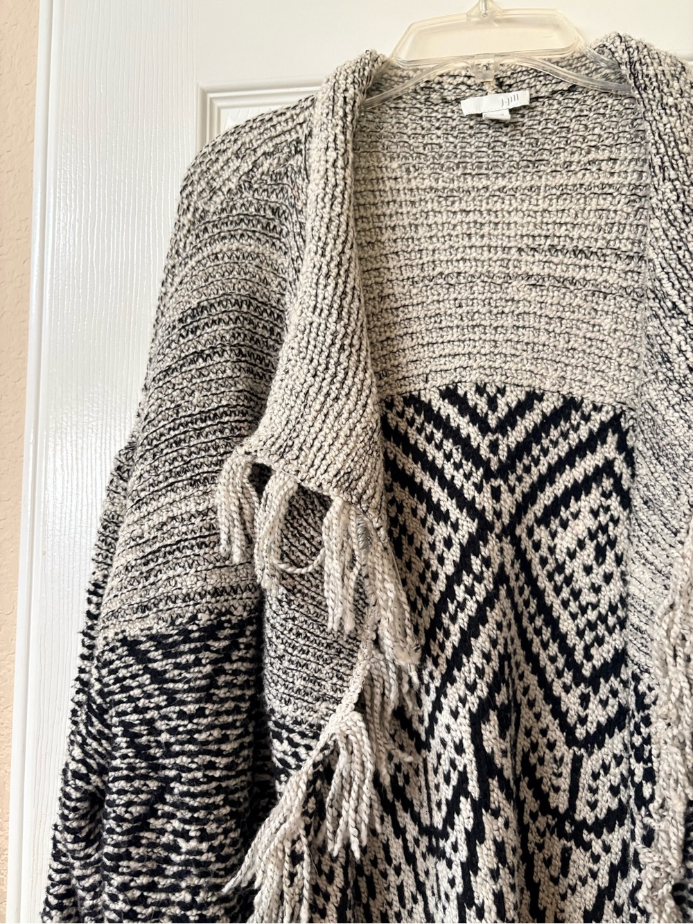 J. Jill Black & Ivory Cream Fringed Open-Front Wool Blend Cardigan Fringe XL - Picture 6 of 7